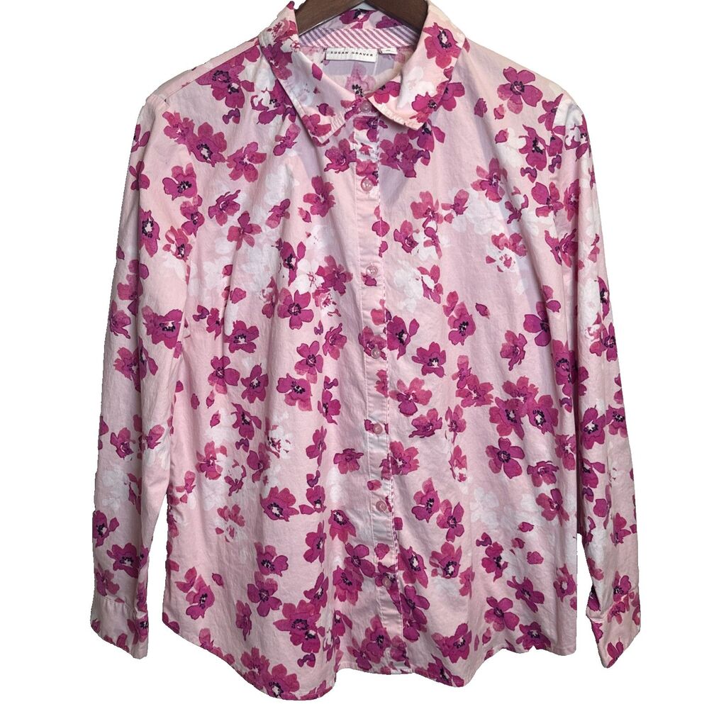 Susan Graver Pink Floral Button Shirt Women's Size 12 Colorful